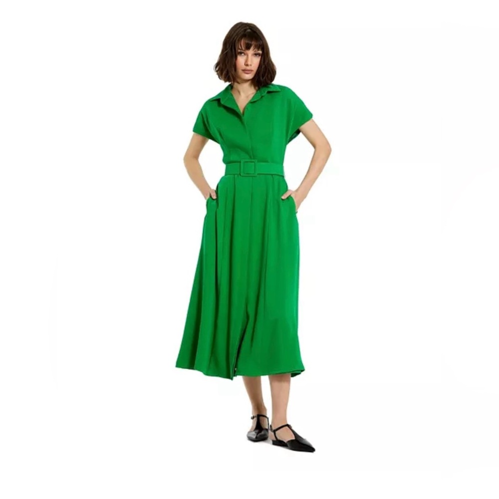 Mac Duggal Women's Crepe Collared Short Sleeve Belt Detail Midi Dress Green M